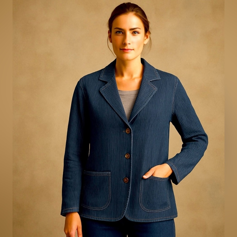 Chico’s Crinkle Blazer Women's Size 1 (S/8) Blue Textured Denim Stretch Casual